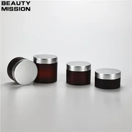 Bouteilles de rangement 100g-200g x 20 Vide Cosmetic Grosted Amber Plastic Jar With Silver Vis Coud Facial Cream Pot Coiffure Cire de cire