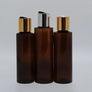 Opslagflessen 100 ml/150 ml/200 ml/250 ml bruine plastic fles met gouden zilveren schijf dop etherische oliën Shampoo douchegel