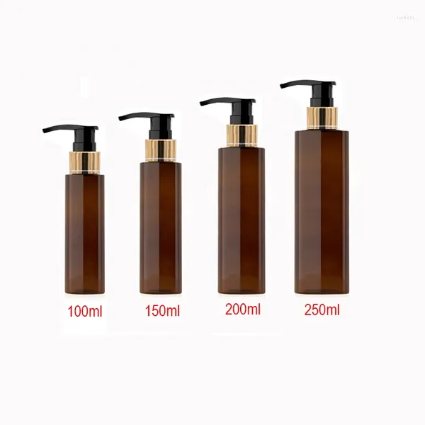 Botellas de almacenamiento 100 ml 150 ml 200 ml 250 ml Contenedor de bomba de jabón líquido marrón para loción de cuidado personal Envases cosméticos de aluminio dorado