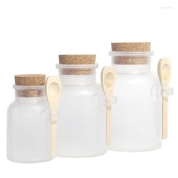 Botellas de almacenamiento de 100ml/200ml/300ml, botella de ABS para sal de baño exfoliante con tapa de madera, cuchara, tapón de corcho, tarro de sello esmerilado de madera