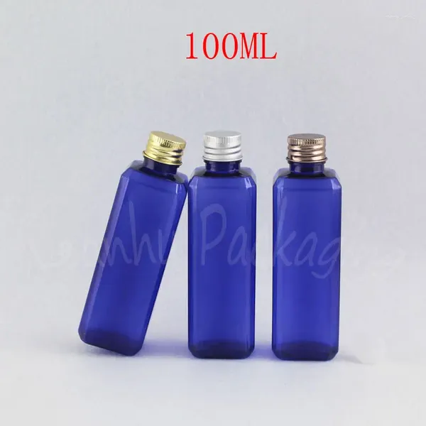 Bouteilles de rangement 100 ml bouteille en plastique carré bleu avec capuchon en aluminium 100cc de maquillage de maquillage de toner / lotion de voyage emballage de voyage