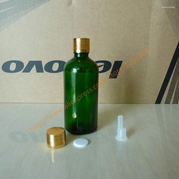 Botellas de almacenamiento de 100 ml de marrón/transparente/azul/verdes botella de aceite esencial de vidrio brillante con tapa de tornillo de aluminio dorado (líneas) Inserto PLSTIC.Frasco