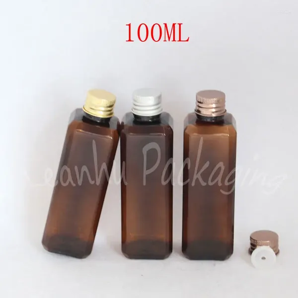 Bouteilles de rangement Bouteille en plastique marron 100 ml avec bonnet en aluminium SHAMPOOW / EMBALAGE D'EAU CONTENEUR COSMÉTIQUE VIDE (50 pc / lot)