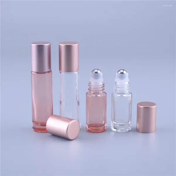 Botellas de almacenamiento 100 unids 10 ml color rosa rollo de vidrio grueso en aceite esencial botella de perfume vacía bola de rodillo para viajes