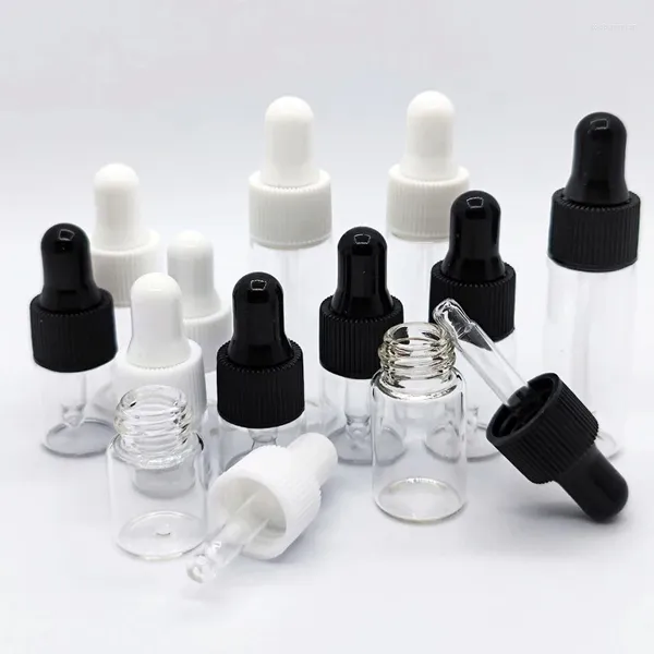 Botellas de almacenamiento 100 Uds 1ml/2ml/3ml/5ml Mini botella cuentagotas de vidrio ámbar con tapa negra para envases cosméticos de aceites esenciales