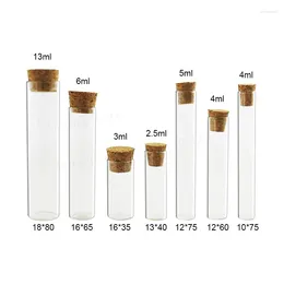 Bouteilles de rangement 100pcs 2,5 ml 3ml 4m 5 ml 6 ml 13 ml Tube de flacon en verre clair à transport avec bouteille de liège en liège pour un cadeau de test présent