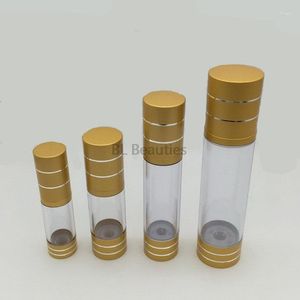 Botellas de almacenamiento 100 unids/lote 15ml 30ml 50ml 100ml botella transparente sin aire como bomba de vacío loción dorada utilizada para envases cosméticos