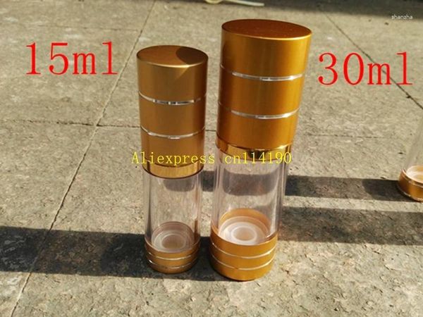 Botellas de almacenamiento 100pcs/lote 15 ml 30 ml de oro Botella sin aire Bomba de vacío Recipiente cosmético de loción Cosmético utilizado para viajar recargable