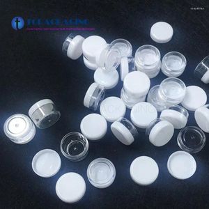 Bouteilles de rangement 100pcs / lot-5g pot crème boîte en plastique transparent avec capuchon à vis blanc petit échantillon contenant cosmétique masque vide cartouche nail art