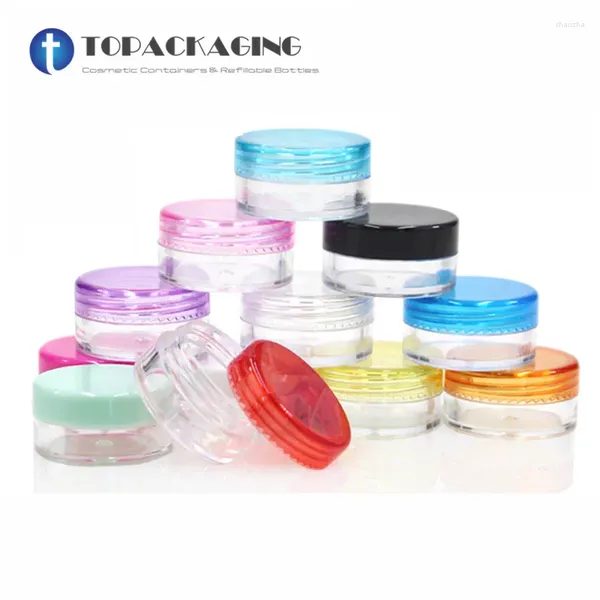 Botellas de almacenamiento 100pcs/lote-5g frascos de crema de crema Capas multicolores recipientes cosméticos de plástico transparente de manzana de maquillaje de maquillaje de uñas pequeñas