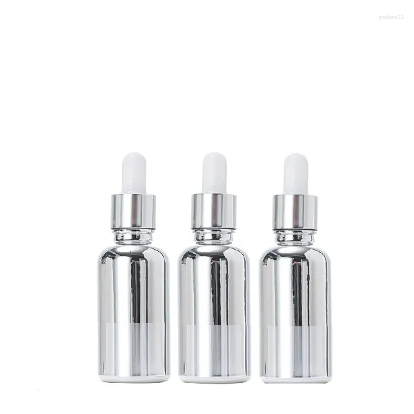 Bouteilles de stockage 10ML 15ML 20ML 30ML, bouteille d'huile d'essence en verre argenté avec Pipette, emballage cosmétique plaqué UV, compte-gouttes 20 pièces