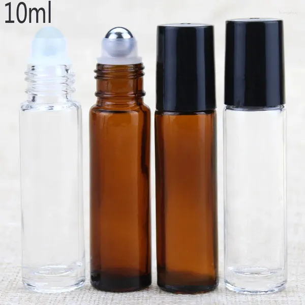 Bouteilles de rangement 10 ml rouleau d'huile essentielle en verre d'ambre vide sur des flacons de bouteille avec boule à rouleau en métal en acier inoxydable pour parfum