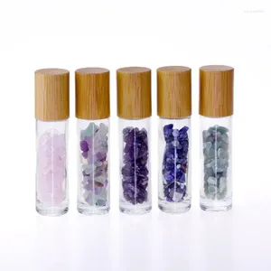 Bouteilles de rangement 10 ml Rouleau en verre d'huile essentielle sur la bouteille de parfum avec Nature Crached Quartz en pierre Rouleau à rouleau BAMBO BAMBO LX4011