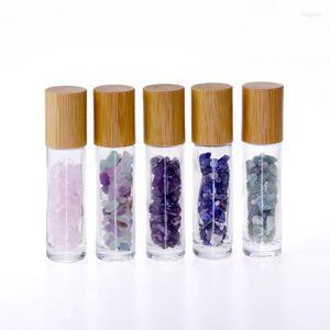 Bouteilles de stockage 10ml Pierres précieuses naturelles Huile essentielle Roller Ball Parfums transparents Liquides Roll On avec des éclats de cristal