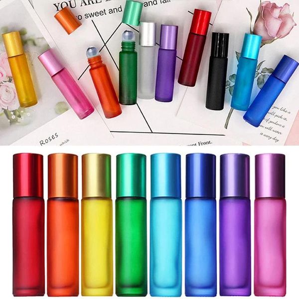 Bouteilles de rangement 10pcs 10 ml portables portables givré coloré en verre épais rouleau essentiel Perfume Parfum de voyage Rechargeable