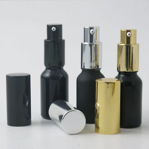 Botellas de almacenamiento 10pcs 15 ml mate/bomba de vidrio negro brillante bomba de crema para el cuidado de la piel 1/2 oz recipientes cosméticos recargables empaquetado