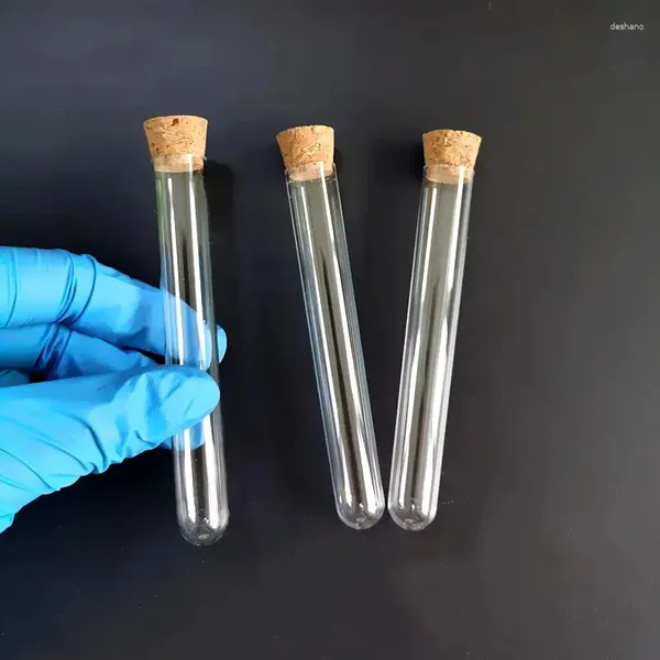 Botellas de almacenamiento 10 unids Laboratorio claro Tubos de prueba de plástico de fondo redondo con suministros de corcho Experimento escolar Vidrio Accesorios de apoyo científico