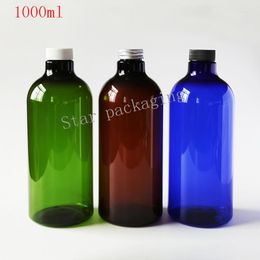 Opslagflessen 10 stks/perceel 1000 ml DIY Amber Pet Plastic fles 1L Big-capaciteit met schroefdop 1000cc blauwe vloeistof