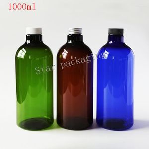 Opslagflessen 10 stks/perceel 1000 ml DIY Amber Pet Plastic fles 1L Big-capaciteit met schroefdop 1000cc blauwe vloeistof