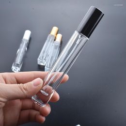 Botellas de almacenamiento 10 unids/lote 10 ml cristal transparente ojo aceite esencial rollo en viales Metal rodillo bola Perfume botella cuadrada