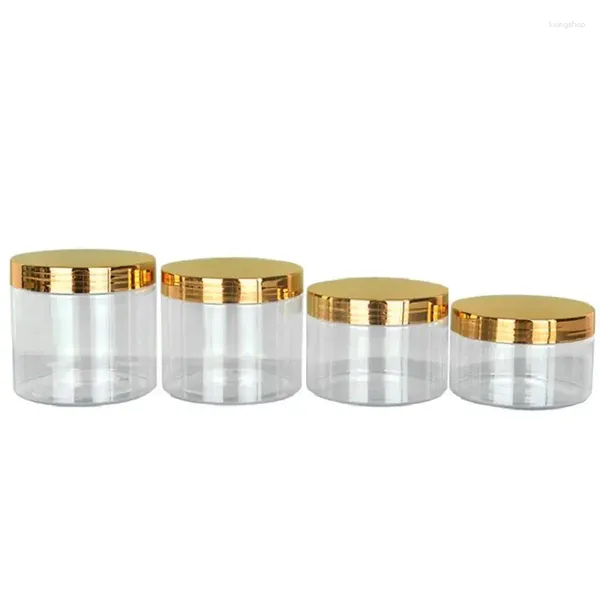 Bouteilles de rangement 10pcs Recharge Bottle Cream Jar Clear 89DIA. Gold Gold Lid Skincare Pot en plastique Contage Cosmetic 250 ml 300 ml 400 ml 450 ml