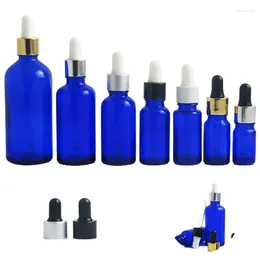 Bouteilles de stockage 12X100 ml 50 ml 30 ml 20 ml 15 ml 10 ml 5 ml flacon compte-gouttes d'huile essentielle en verre bleu cobalt 1 oz Piepette