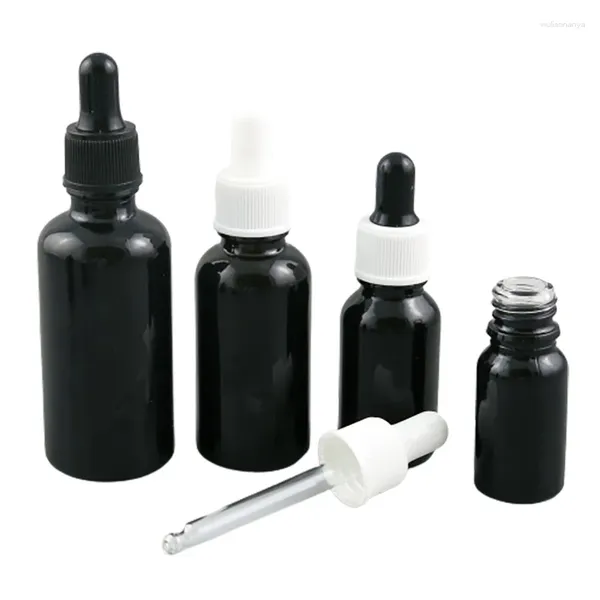 Botellas de almacenamiento 12 X 100 ml 50 ml 30 ml 20 ml 15 ml 10 ml 5 ml Botella cuentagotas de aceite esencial de vidrio negro brillante Viales Envases cosméticos