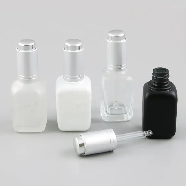 Botellas de almacenamiento 12 x 30ml cuadrado negro negro transparente caída de vidrio 1 oz recipiente de aceite esencial con cuentagotas de plata