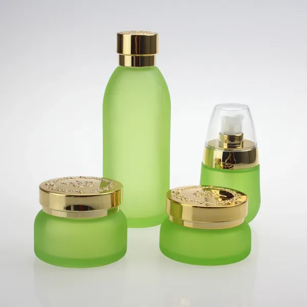 Bouteilles de rangement 120 ml d'emballage en verre de gel vert avec couvercle en or et argent vide 4 oz bouteille de lotion cosmétique