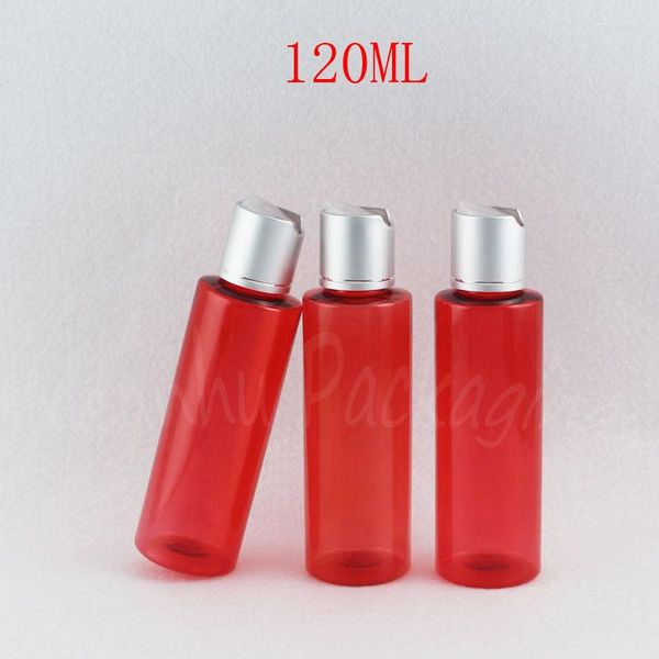 Botellas de almacenamiento 120ML Rojo Hombro plano Botella de plástico Disco Tapa superior 120CC Champú / Loción Envasado Envase cosmético vacío