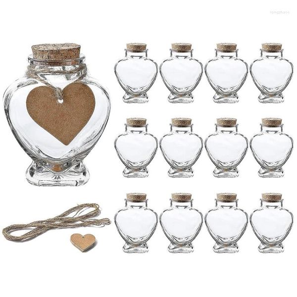 Bouteilles de stockage 12pcs 1,5 oz en forme de coeur petits pots en verre avec couvercles en liège étiquettes étiquettes chaîne lune de miel faveur souhait