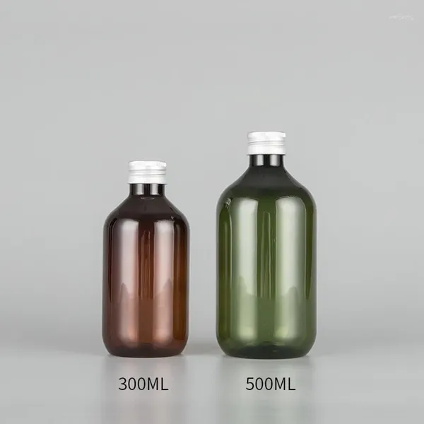 Botellas de almacenamiento 12pcs 300ml 500ml Pedra cosmética de color verde marrón vacío recargable con tapa de tornillo de aluminio plateado para gel de ducha de champú