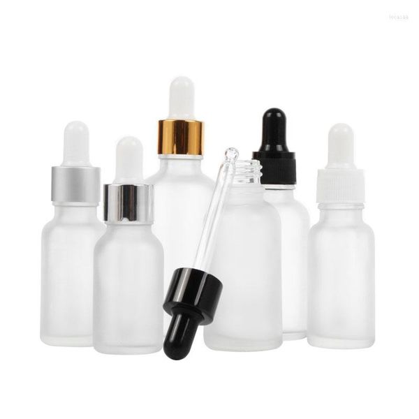 Botellas de almacenamiento 12 unids/lote 5 10 15 30 50 100 ml botella cuentagotas de vidrio escarchado envase cosmético vacío viales aceite esencial
