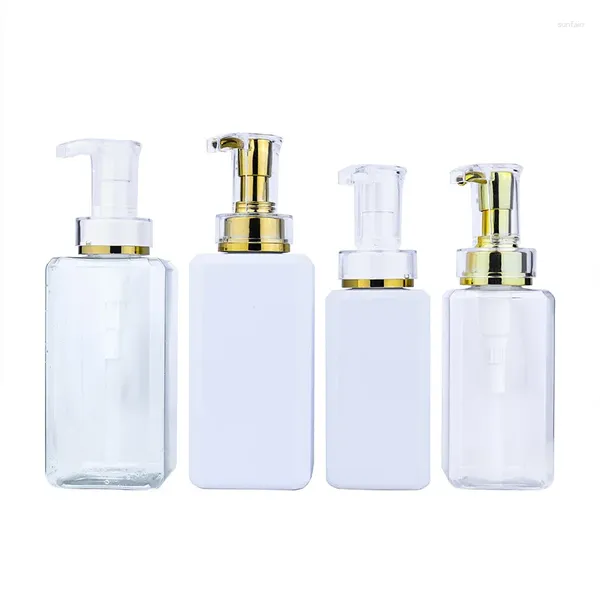 Botellas de almacenamiento 12 piezas de loción de plástico Botella recargable Bomba de oro Clear White Pet Square Cosmético Contenedor Vacío de 500 ml 300ml