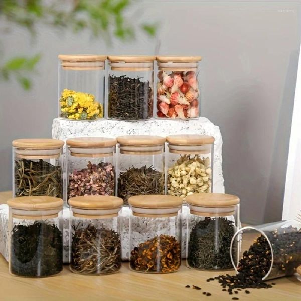 Botellas de almacenamiento 12 piezas/establecimiento de frasco de vidrio hermético con tapa de bambú para té Café de azúcar portátil y contenedor transparente Cocina para el hogar