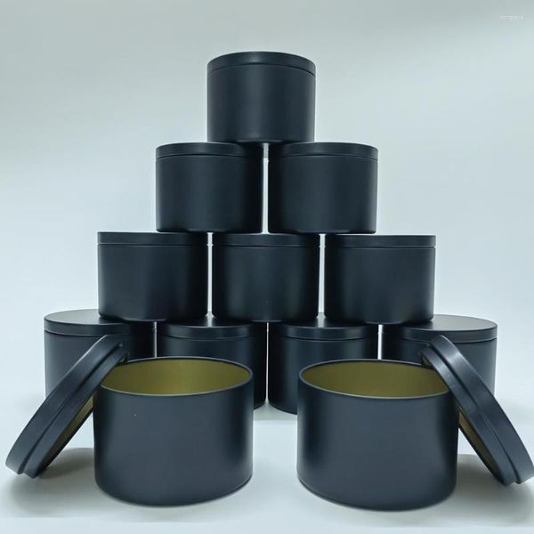 Botellas de almacenamiento 12pcs / Set Tarro de vela vacío Latas de aluminio negro con tapa para comestibles cosméticos Olla Café Especias Contenedores de dulces