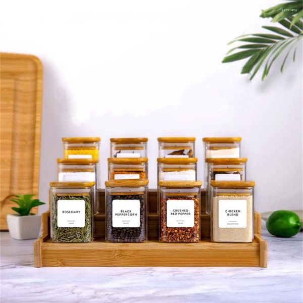 Bouteilles de stockage 12pcs / Set de bocaux en verre à épices carrés avec couvercles hermétiques en bambou étiquettes contenants alimentaires pour accessoires de cuisine à domicile