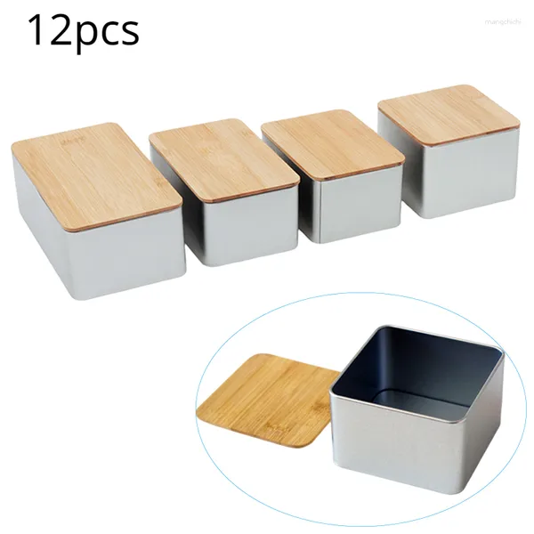 Bouteilles de stockage 12 pièces boîte en fer-blanc carré organisateur de nourriture avec couvercle en bambou pour argent pièce de monnaie bonbons clé cosmétique thé conteneurs