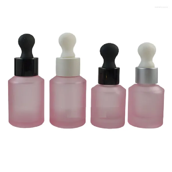 Bouteilles de rangement 15 ml 30 ml en verre rose givré rechargeable bouteille de bouteille de bouteille d'emballage cosmétique vide Essence Emulsion Rubber Dropper