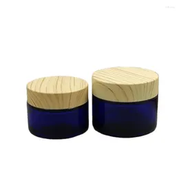 Bouteilles de rangement 15pcs en verre pots cosmétiques vides en bleu récipient en bois faux couvercle rechargeable de la peau de soins de soin du visage pots 30g 50g 50g