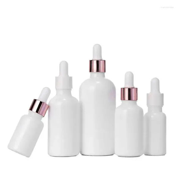 Bouteilles de stockage 15pcs flacons compte-gouttes en verre blanc perle haut anneau en or rose bouteille de recharge d'huile essentielle vide 10 ml 15 ml 20 ml 30 ml 50 ml 100 ml