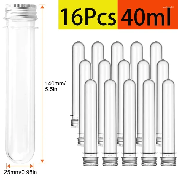 Botellas de almacenamiento 16 piezas de 40 ml de tubos de ensayo de plástico Vacío Mini Jar Metal Tornillo de metal Tapón de especias Candy Jewellry Sub-bottling