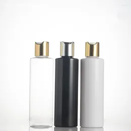 Botellas de almacenamiento 18 unids/lote 250 ml blanco claro negro botella de champú de plástico vacía con tapa superior de disco de plata dorada PET gel de baño