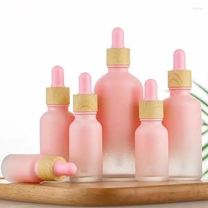 Botellas de almacenamiento, 1 unidad, 5/10/15/20 ML, hermosa botella de vidrio esmerilado rosa con gotero de pipeta, embalaje de esencia cosmética de aceite esencial