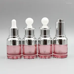 Opslagflessen 1 stks 20 ml roze glas etherische oliefles cosmetische zilveren ring plastic kopdruk druppelaar Essentie leeg