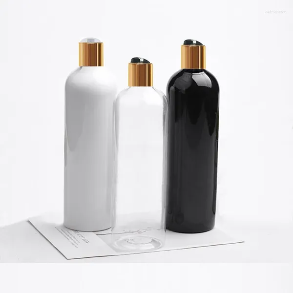Bouteilles de stockage 1pcs 400ml blanc clair noir bouteille de shampooing en plastique vide avec capuchon supérieur de disque d'argent d'or PET Body Wash Emballage cosmétique