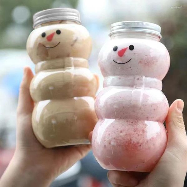 Botellas de almacenamiento 1 unids Navidad Muñeco de nieve Botella de jugo con tapa Leche Transparente Té Suministros de plástico