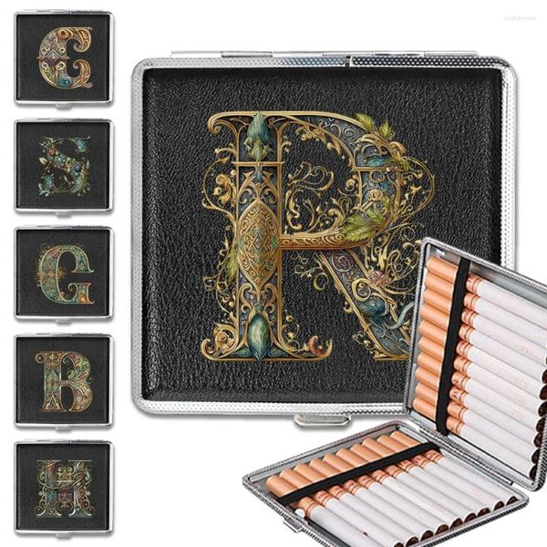 Bouteilles de rangement 1pcs Vintage Cigarette Case Trendy Metal Le cuir Box Organisateur portable Flip Ouvrir le nom initial lettre graphique 26 Lettres