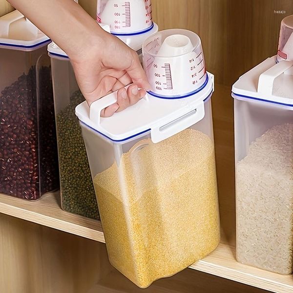 Botellas de almacenamiento Cubo de arroz 2.5L con taza de medición - Dispensador hermético de gran capacidad para cereales de cereales Harina de alimentos para perros Alimentos para mascotas!