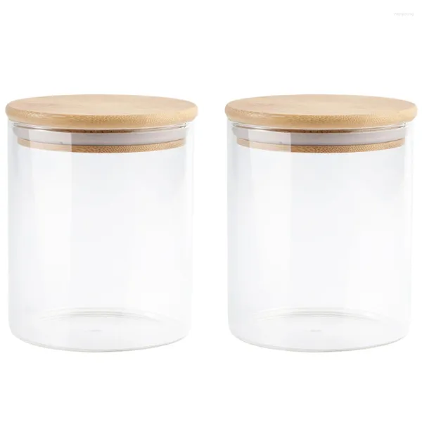 Botellas de almacenamiento 2 PCS Frasco de vidrio Botes de alimentos sellados Contenedor de olla Cubierta de bambú Madera